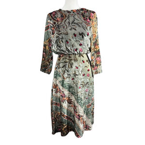 Size S ZARA Trafaluc Collection Green Floral Velvet Midi Multi-Colored Dress